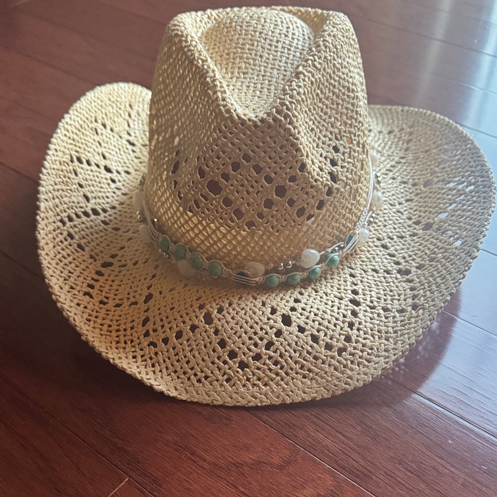 Straw Cowboy Hat with Beaded Trim - Natural